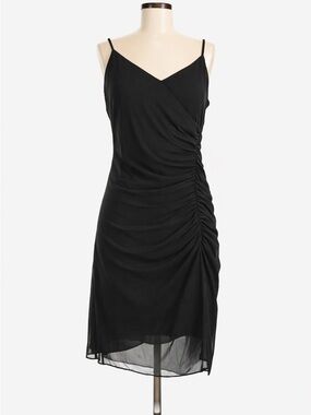 Rebecca Minkoff Black Ruched Cocktail Dress Size 6 Sheer Hem Strappy Mini